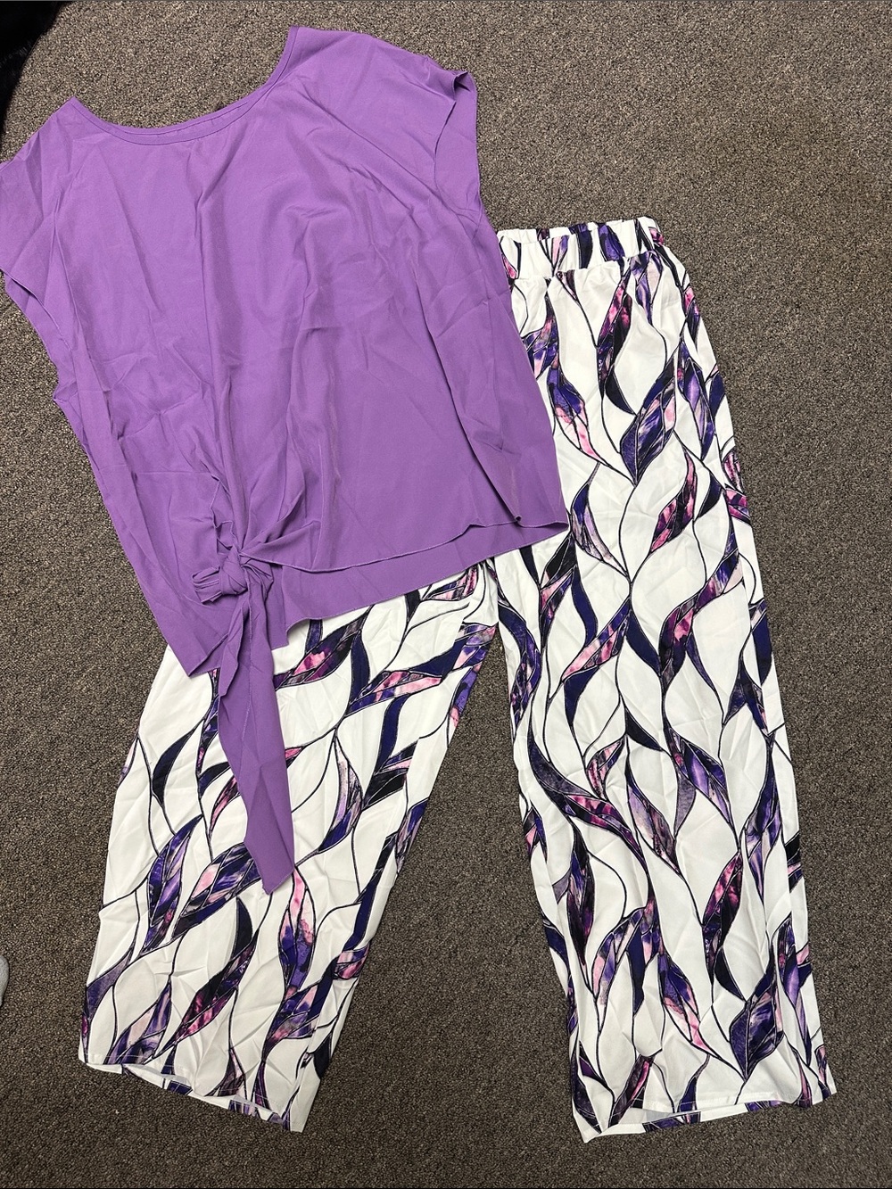 SHEIN Purple Tie-Front Top with White & Purple Printed Wide-Leg Pants